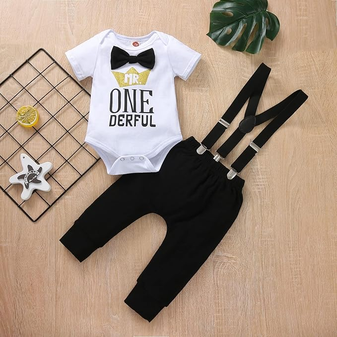  LENSOUS Funny Bow Tie Baby Boy First Birthday Romper