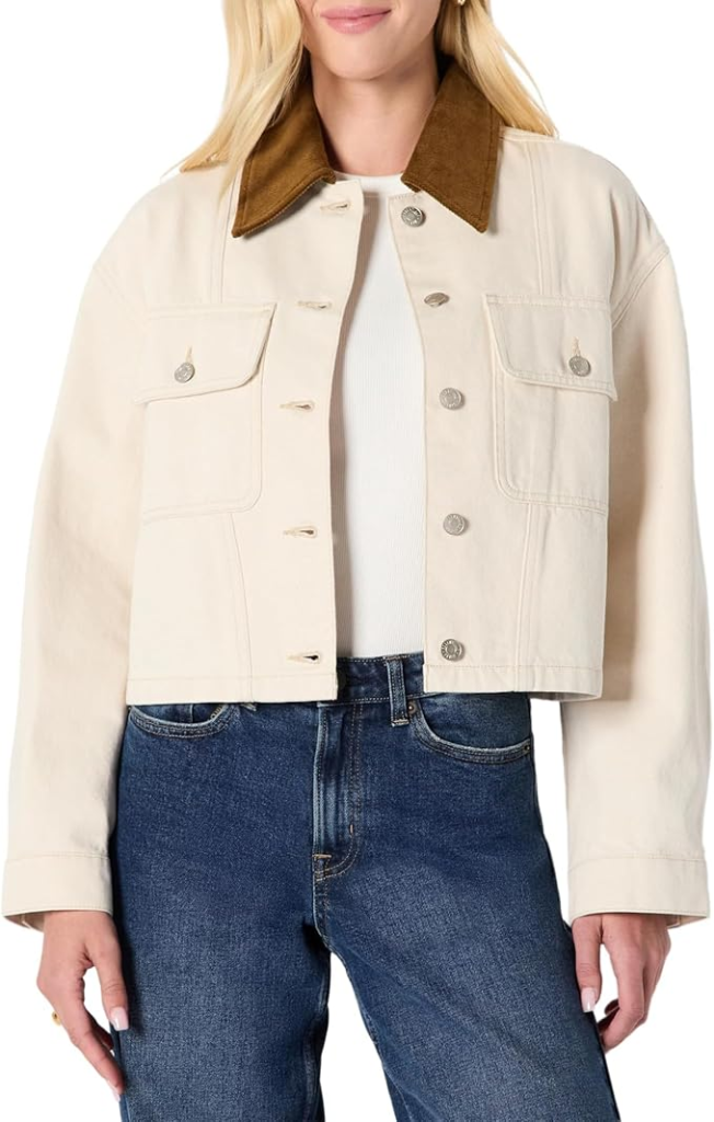 Amazon Essentials Women's Oversized-Fit Cropped Denim Jacket with Contrast Collar