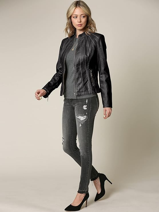  Lock and Love Women's Faux Leather Moto Jacket