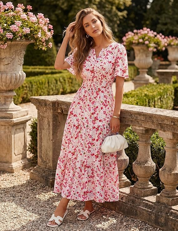 ZESICA V‑Neck Wrap Maxi Dress