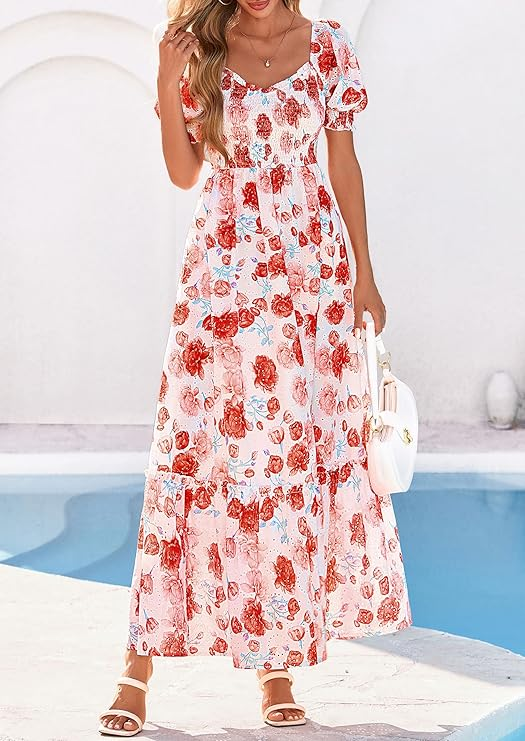 Prettygarden Flutter Short Sleeve Boho Floral Maxi Dress