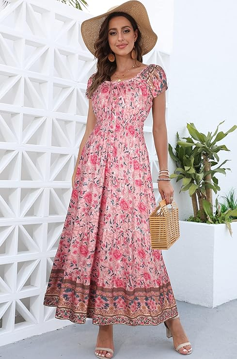 YESNO Women’s Flowy Short Sleeve Tiered Maxi Dress