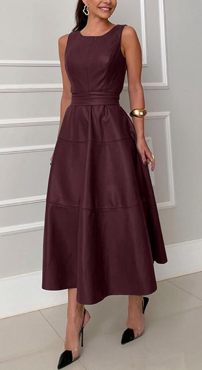 CHARTOU Women PU Faux Leather Sleeveless Elegant Flowy Long Dress with Belt