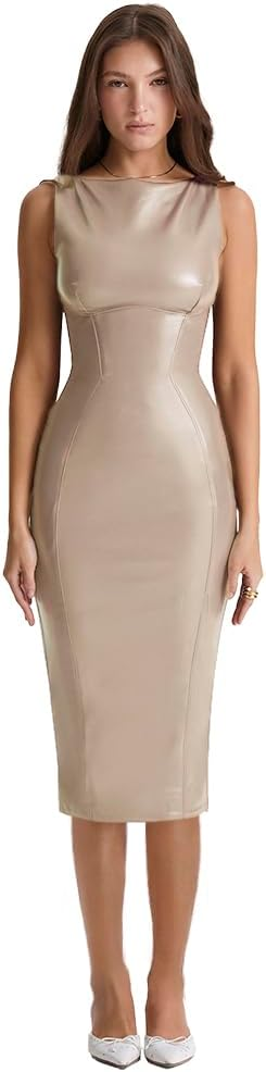 Popilush Faux Leather Midi Shapewear Dress