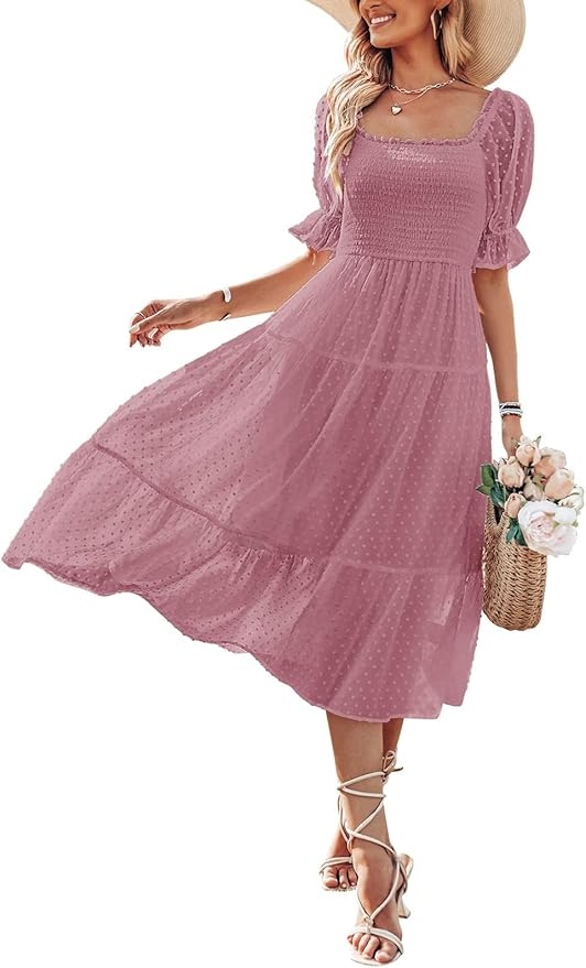 MEROKEETY Women's Swiss Dot Smocked Midi Dress