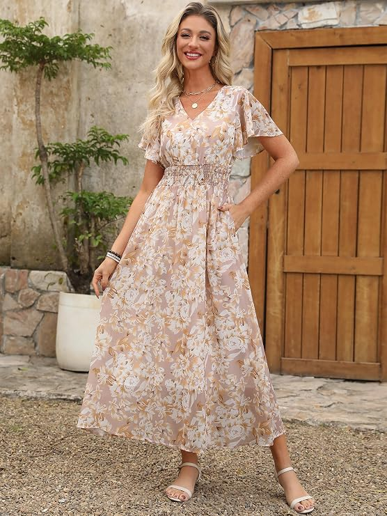 Dokotoo Women's V-Neck Chiffon Maxi Dress
