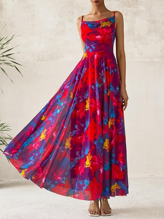BTFBM Womenโs Summer V-Neck Elastic-Waist Midi Maxi Dress
