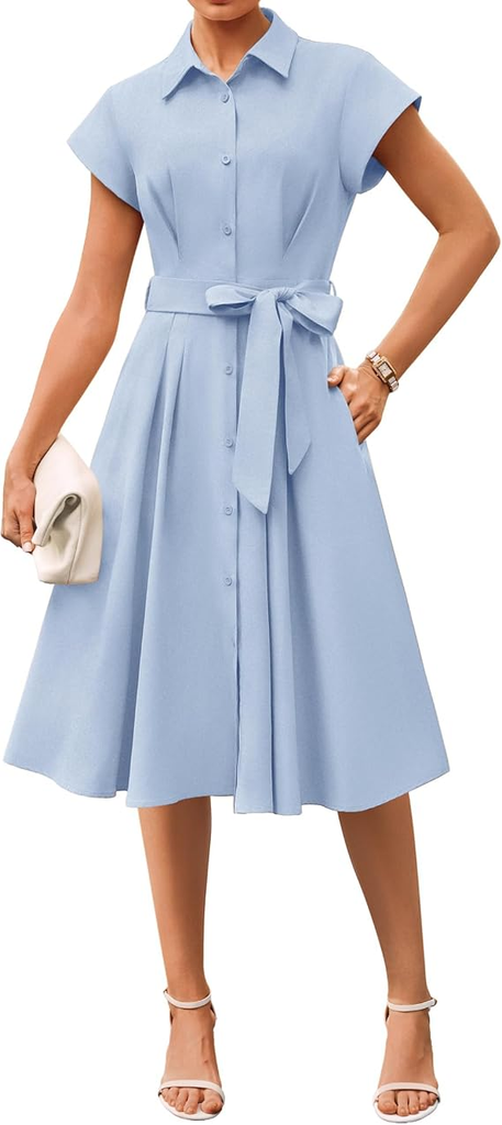 GRACE KARIN Womenโs Business Work Belted Sleeveless Button-Down Shirt Midi Dress